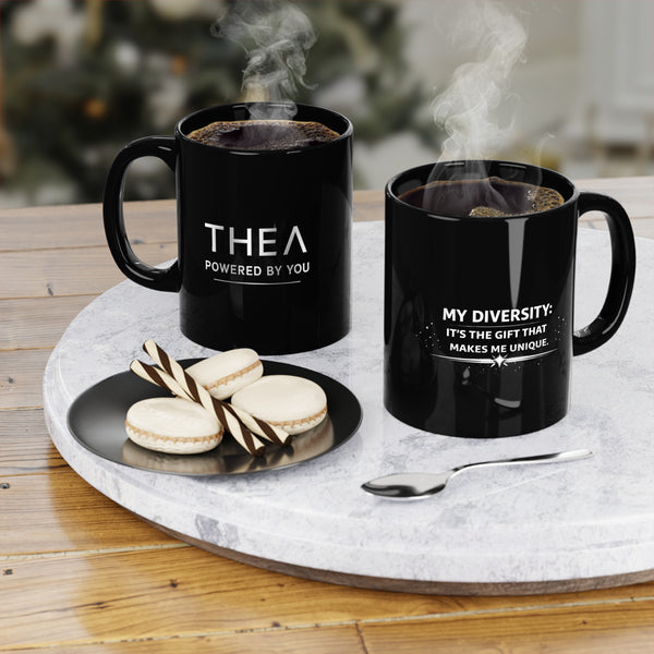silver "THEA power by you" and "Diversity is a gift" Black Coffee Mug, 11oz