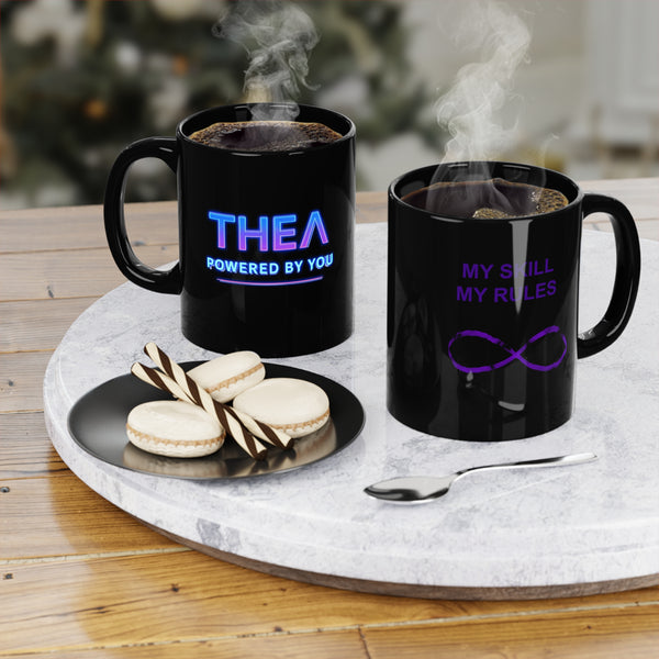 holographic neon "THEA power by you" and "My skill my rules" Black Coffee Mug, 11oz