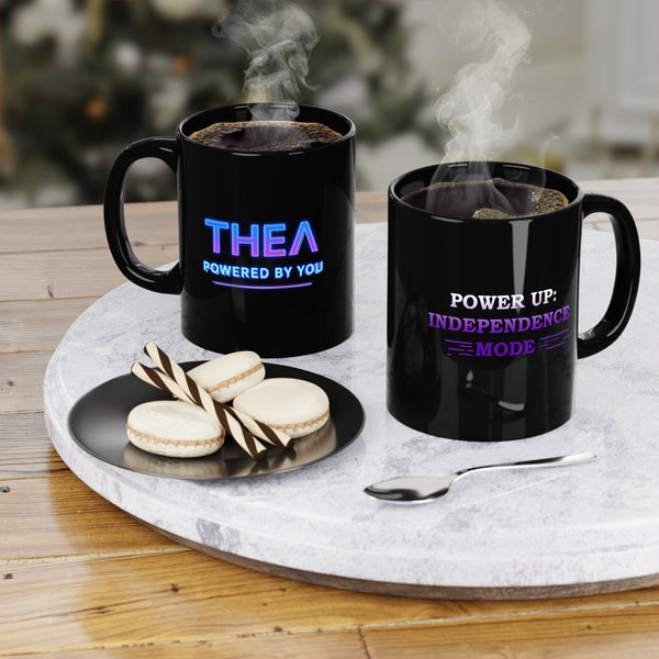 holographic neon "THEA power by you" and "Power up independent mode" Black Coffee Mug, 11oz