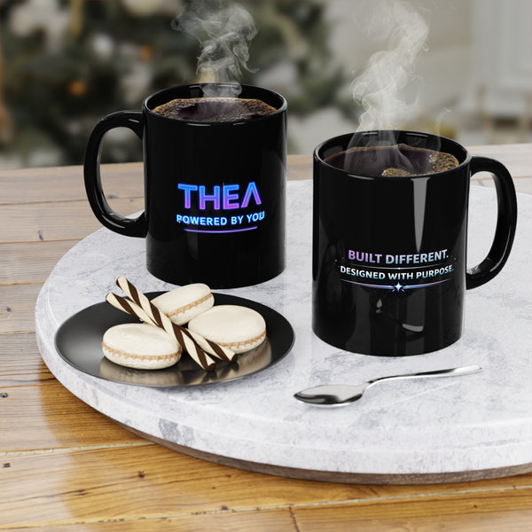 Holographic neon "THEA power by you" and "Build different " Black Coffee Mug, 11oz