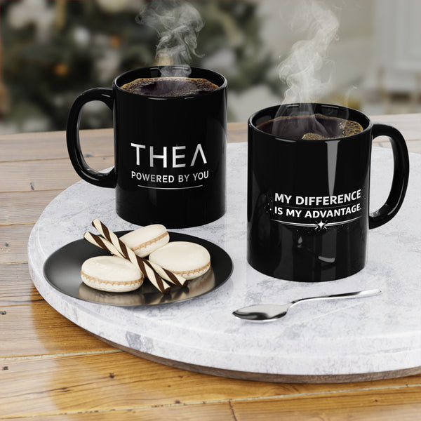 Silver "THEA power by you" and "My difference is my advance" Black Coffee Mug, 11oz