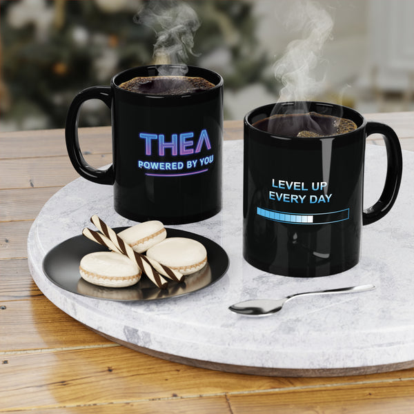 holographic neon "THEA power by you" and "Level up Every Day" Black Coffee Mug, 11oz