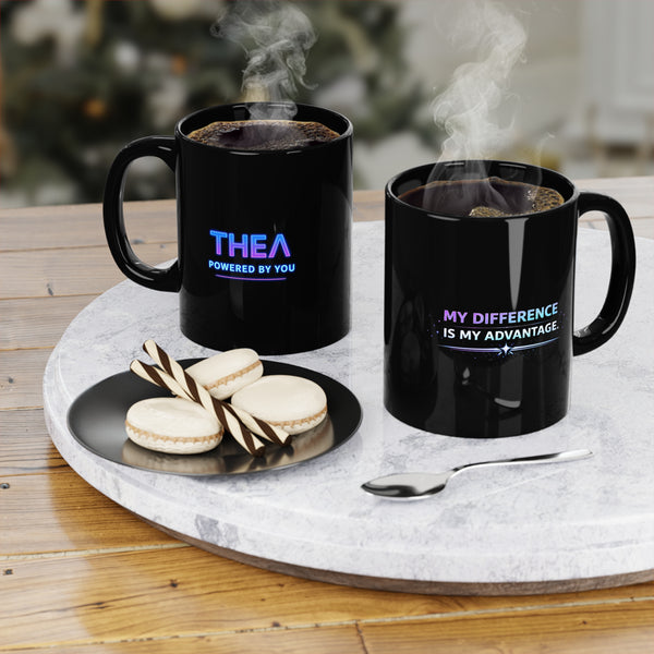 Holographic neon "THEA power by you" and "My different is my advance" Black Coffee Mug, 11oz